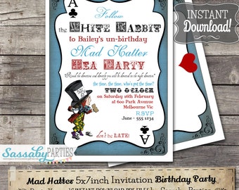Mad Hatter Tea Party Invitation - Alice in Wonderland - INSTANT DOWNLOAD - Editable & Printable Birthday Invite by Sassaby Parties