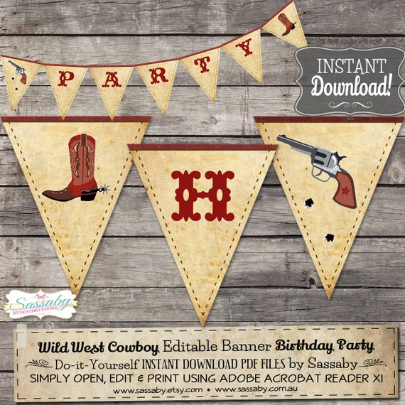 Wild West Cowboy Party Banner - INSTANT DOWNLOAD - Editable & Printable Birthday Decorations, Bunting, Decor by Sassaby Parties Il_570xn