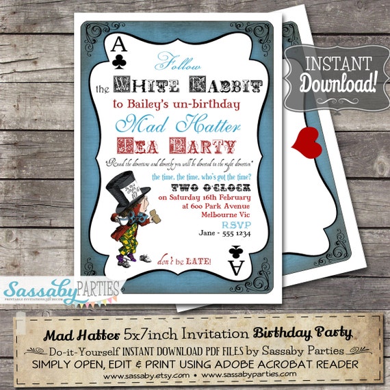 Mad Hatter Tea Party Invitation - Alice in Wonderland - INSTANT DOWNLOAD - Editable & Printable Birthday Invite by Sassaby Parties Il_570xn