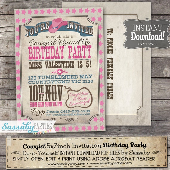 Cowgirl Invitation - INSTANT DOWNLOAD - Partially Editable & Printable Pink Birthday Party Rodeo Roundup Invite by Sassaby Parties Il_570xn