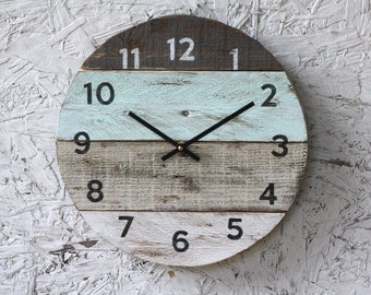 Beach Clock round, reclaimed wood wall clock. Pale seafoam green Pallet Wood. Beach House style ReCycled wood...distressed...Coastal Decor