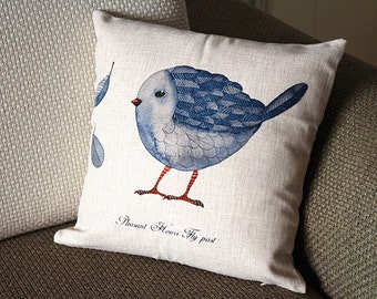 Designer Linen Pillow - beige blue bird and Floral Pillow Cover -18" 45 cm /22" 55 cm Decorative Cushion Cover Throw Pillow cover 81