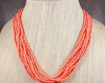 Seed Bead Necklace, Glass Bead Necklace, Multistrand Necklace, Coral, Chunky Necklace, Beaded Necklace, Pink Bead Necklace, Coral Bead