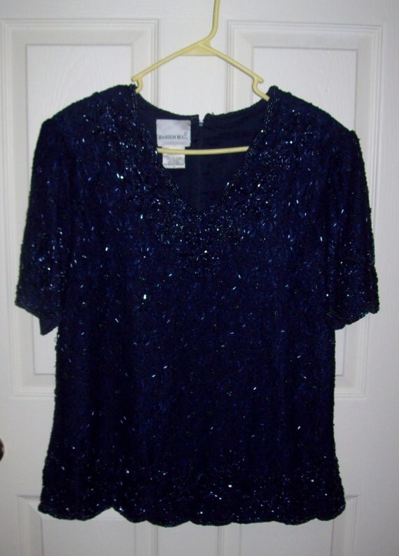 Vintage Ladies Navy Blue Beaded Cocktail or Evening Blouse by