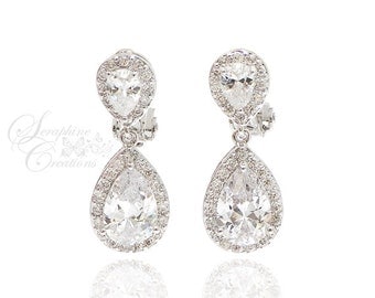Bridal Clip On Earrings Wedding Earrings Cubic Zirconia Bridal Jewelry Wedding Jewelry Sparkly Teardrop Crystal Clear Bridesmaid Gift KL001