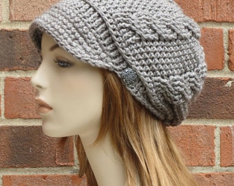 Crochet Newsboy Hat - Womens Taupe Hat - Slouchy Newsboy Beanie Button Hat - Crochet Cabled Hat with Brim - // THE ADDISON //