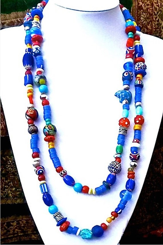 BOHO Double Strand BEADED Necklace BLUE by TheJoyMoosCollection