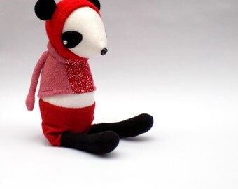 Miss Woolly Panda - Handmade plush sculpture wearing pink woollen pullover and felt pants.