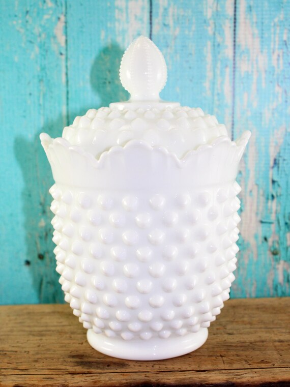 Tall Fenton Hobnail Jar with Lid Marked Fenton Milk Glass