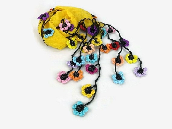 Mustard Yellow Silk Scarf with multicolor crochet Oya Flower Edges , Silk Foulard, Womens Scarflette, Summer trend, Summer Scarf