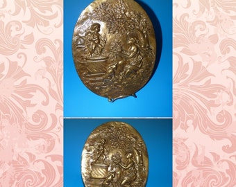 Antique Victorian Raised Relief Classical Lady & Cherub / Cupid Spelter or Gold Brass Bronze Style Wall Plaque