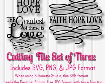 SVG Files Set of 3 Faith Hope Love-SVG PNG jpg all included-Cut File Words with Swirls for Wooden Signs Home Gifts Wedding Etc!