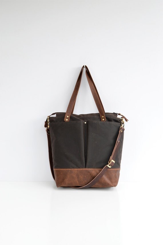 Brown waxed canvas and leather diaper bag tote bag by ForestBags