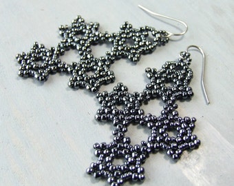 Seed Bead Earrings, Charcoal Grey Earrings, Dark Silver Earrings Snowflake, Beaded Boho Jewelry Beadwoven Beadwork Handmade Gift For Her