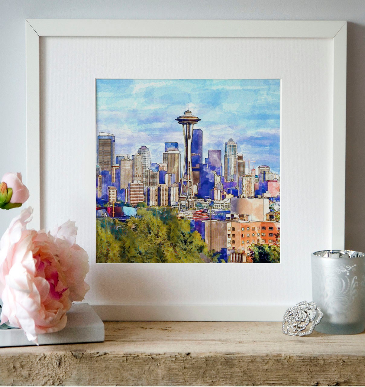 Seattle Cityscape Watercolor painting Wall art Watercolor
