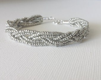 Silver beaded bracelet,gray bracelet,braided silver bracelet,metallic bracelet,seed bead bracelet,elegant ,beaded bracelet,bridesmaid gift