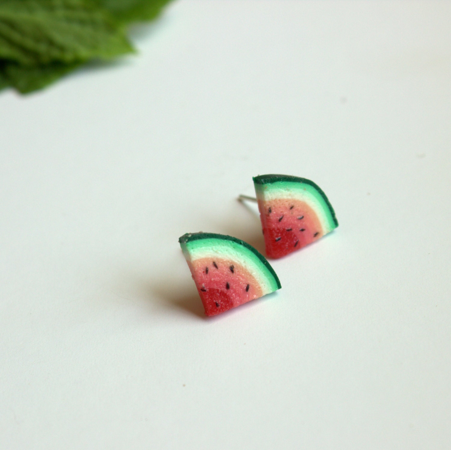 Miniature watermelon stud earrings polymer clay fruit slices
