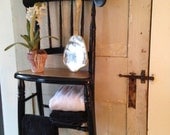 antique black chair up-cycled to sweet wall shelf, bathroom shelf towels n treasures,floor window plant shelf,copper seat,salvage,circa 1840 antique black chair up-cycled to sweet wall shelf, bathroom shelf towels n treasures,floor window plant shelf,copper seat,salvage,circa 1840