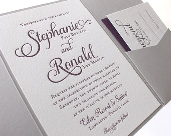 The Violet Suite - Modern Letterpress Wedding Invitation Sample, Purple, Plum, Grey, Liner, Calligraphy, Script, Swirls, Simple, Classic