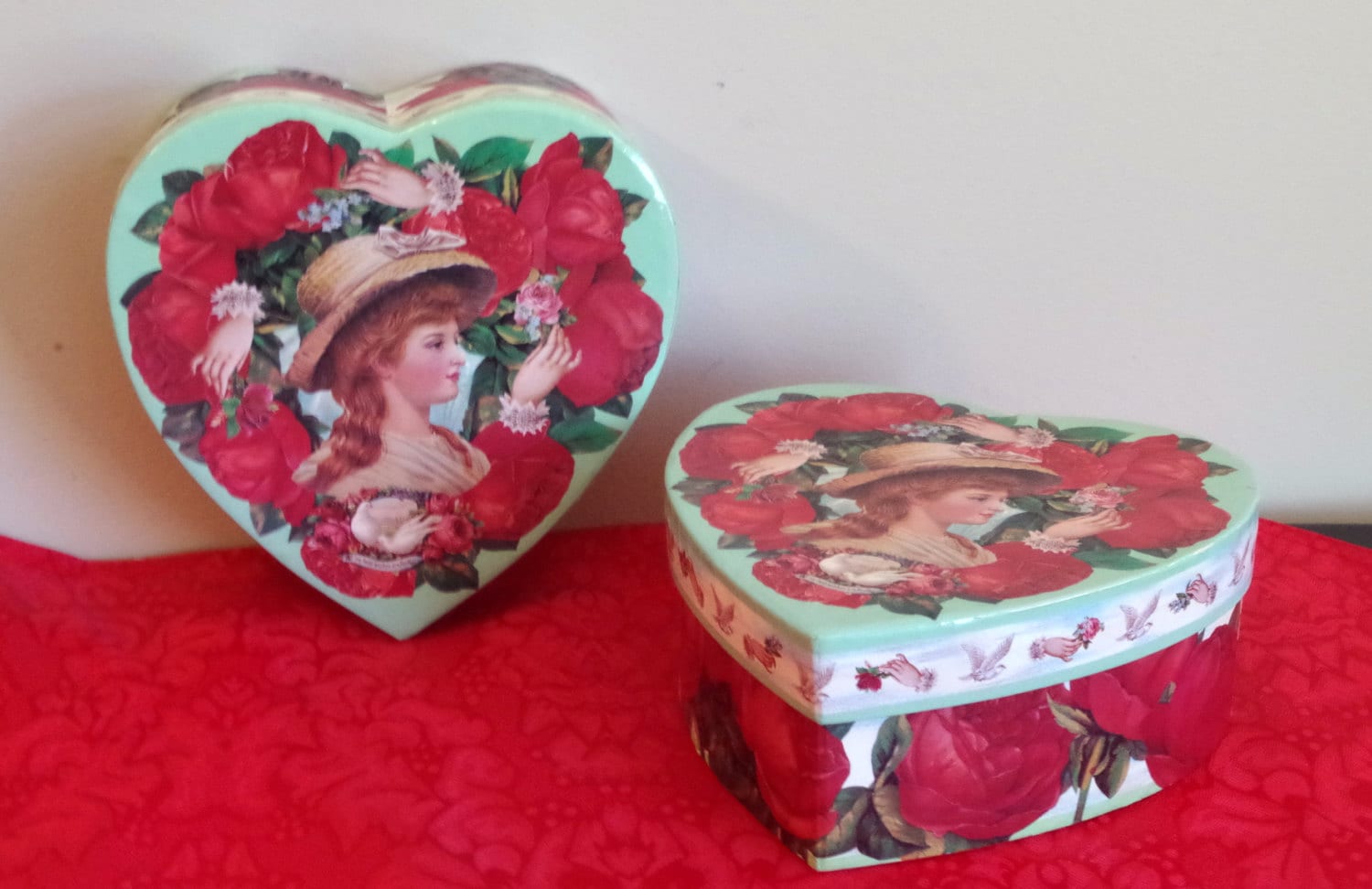 Decoupaged Heart Shaped Box Victorian Pattern Gift Container Annie
