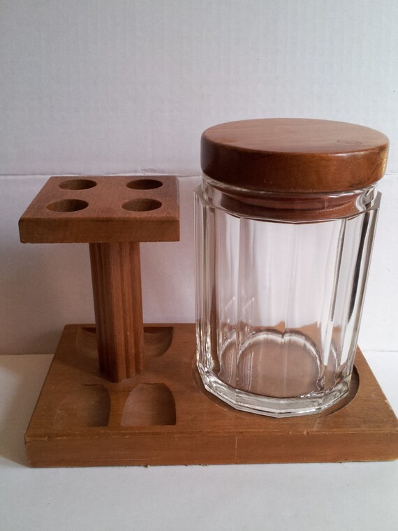 4 Pipe Black Walnut Smoking Stand and Glass Tobacciana Humidor