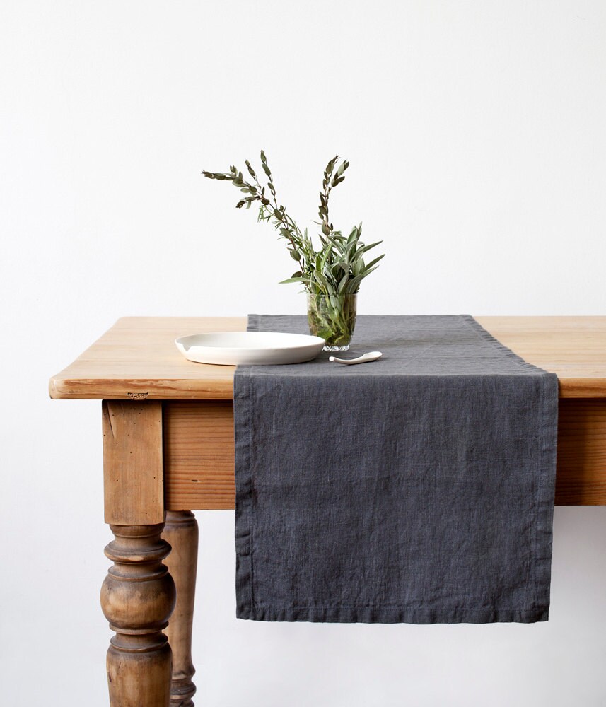 Dark Grey Stone Washed Linen Table Runner