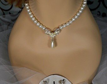 Faux Pearl Bow Necklace/Earrings Fashion Costume Wedding Jewelry