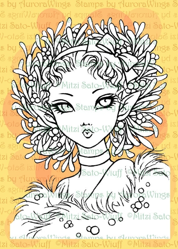 PNG Digital Stamp - Instant Download - Mistletoe Fairy - Big Eye Holiday Elf  - Christmas Line Art for Cards & Crafts by Mitzi Sato-Wiuff
