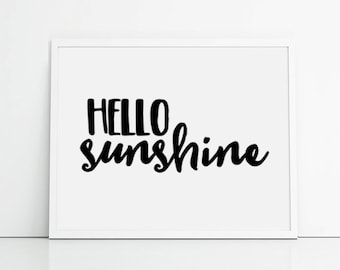 Hello sunshine quote typography art print - black and white wall art quotes - summer themed home decor wall decorations - sunshine quote