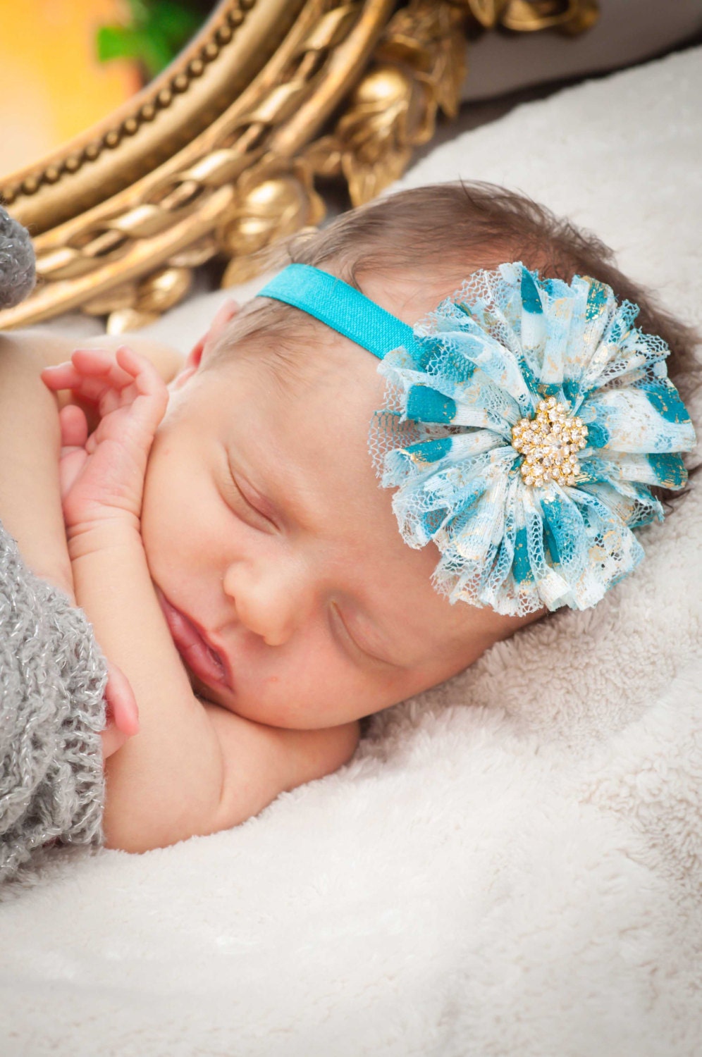 Gold Teal Headband, Floral Lace Headband, Gold Baby Headband, Newborn