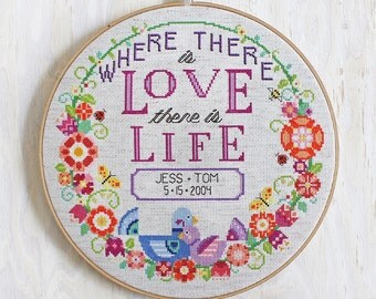 Love + Life - Satsuma Street modern cross stitch wedding pattern or baby announcement - Customizable - PDF - Instant download