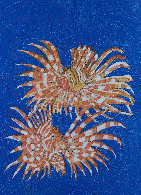Art quilt wall hanging of two proud Lionfish.