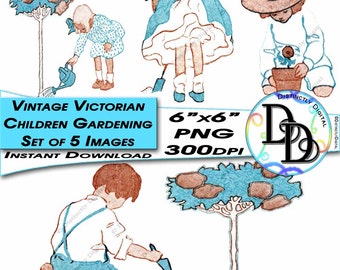 Vintage Victorian Gardening Children Kids Set of Five Clip Arts Instant Download Digital Images - Vin0002