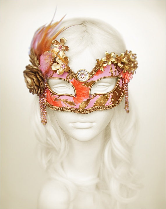 Pink Orange And Gold Masquerade Mask Venetian Style Pink