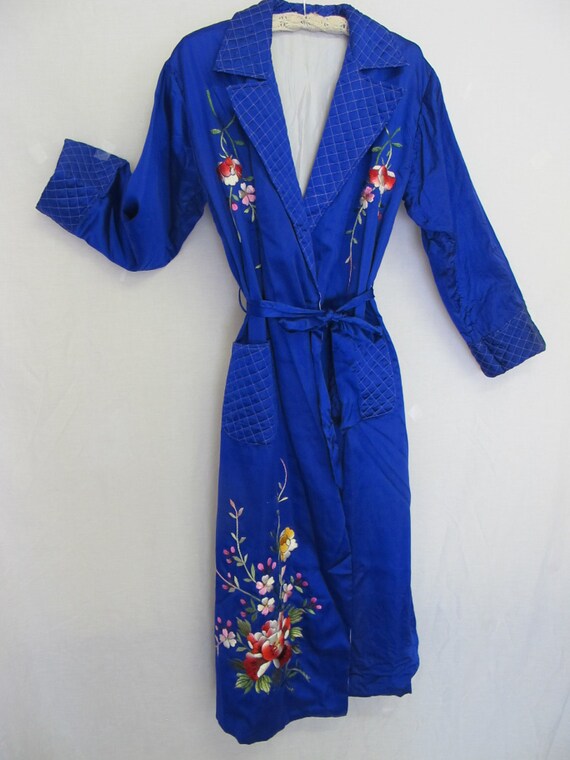 Vintage Silk Robe 1950's Satin Robe Sapphire Blue Robe