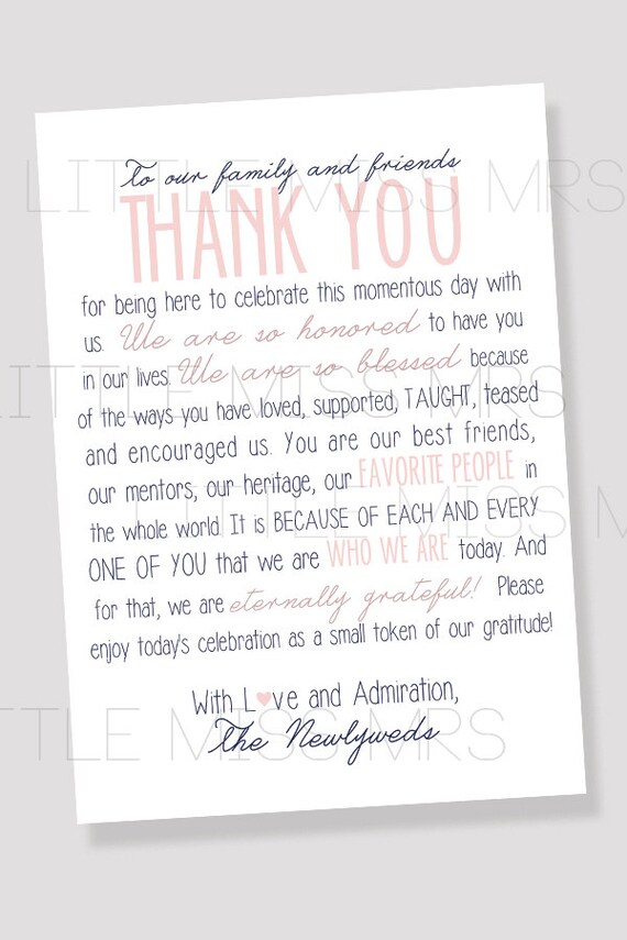 Printable Table Notes "To our family and friends..." Reception thank you notes to place on tables // Pink & Navy