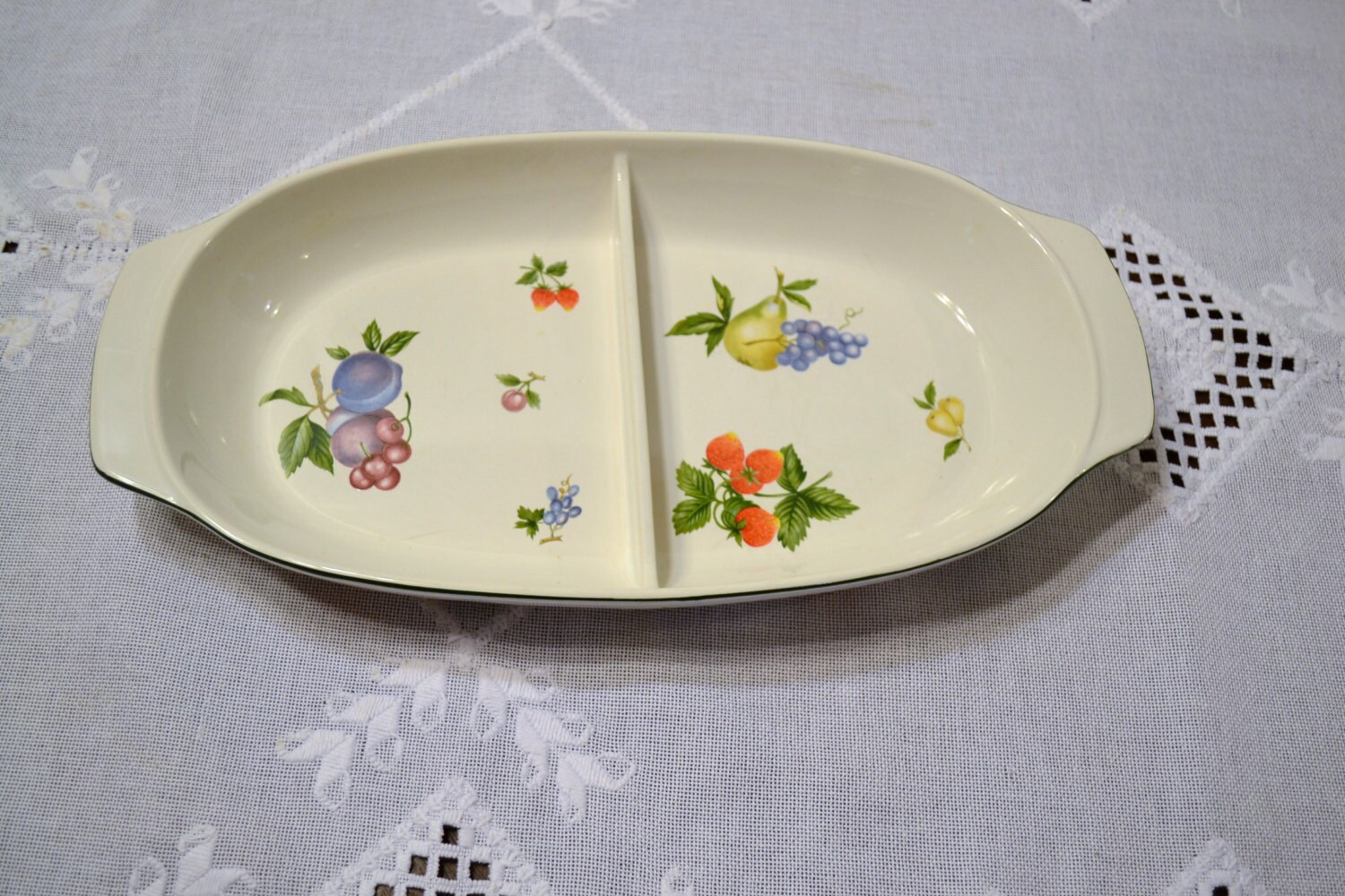 Vintage Divided Bowl Casserole Fruit Pattern Bakeware Cookware
