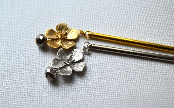 Gold & Silver Sakura Cherry Blossom Hair Stick Pair with Black Glass