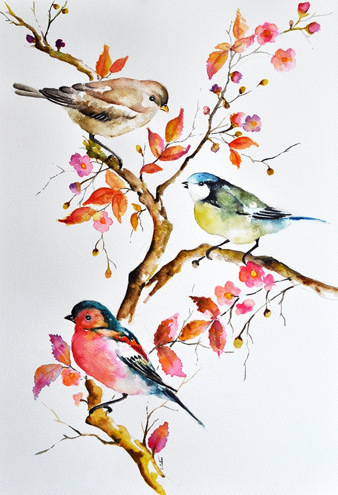 ORIGINAL Watercolor Bird Painting Great Tit Sparrow