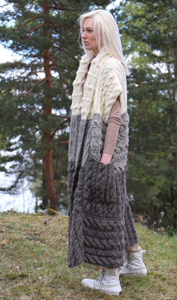 Instant Download PDF pattern. Hand knitted long chunky vest with pockets. Digital pattern from Ilze Of Norway. (0103)