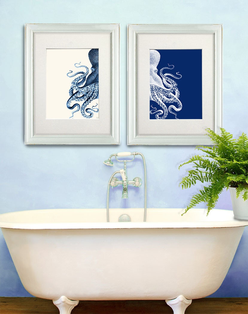 Bathroom Decor 2 Octopus Prints NAVY Blue /Cream by NauticalNell