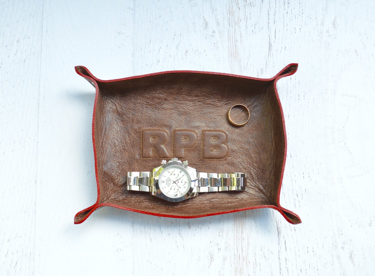 custom monogram leather tray / catch all / mens / dresser