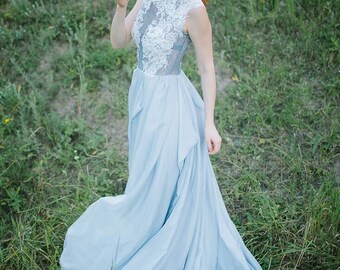 Gray wedding dress, blue gray dress with ivory lace appliques, lace and chiffon bridal gown, modern wedding dress // Iris