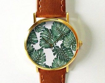 Tropical Palm Leaves Watch, Vintage Style Leather Watch, Women Watches, Boyfriend Watch, Men's watch, Summer Green, Tropical Leaf Plants