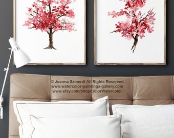 Mother's Day, Cherry Blossom Set of 2, Japanese Art, Pink Home Decor, Watercolor Painting Tree, Gift Ideas