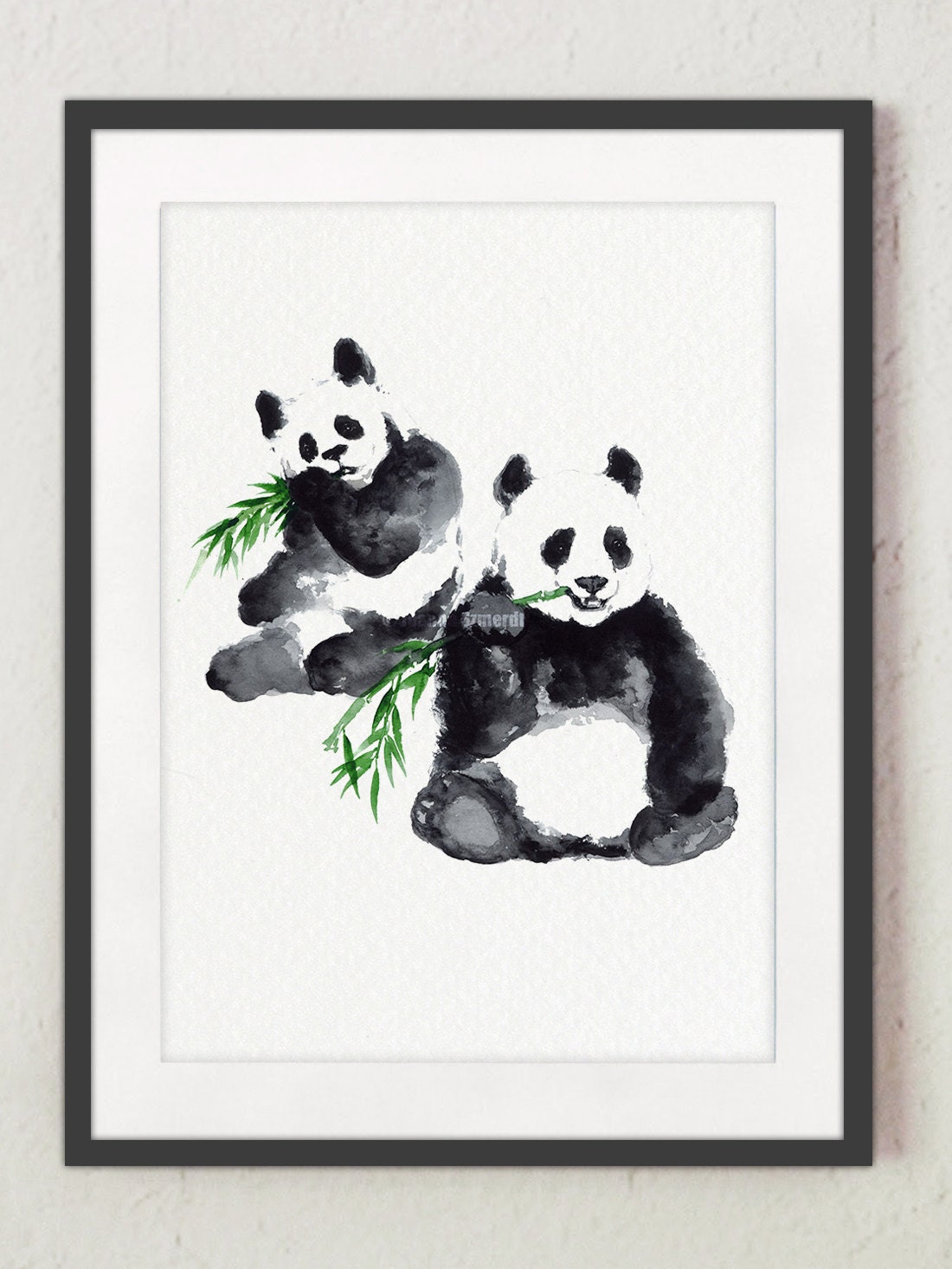 Two Panda Drawing Watercolor Bear Black and White Painting