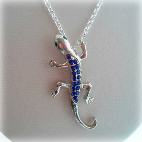 Lizard Necklace Silver or Gold Plated Rhinestoned 6
