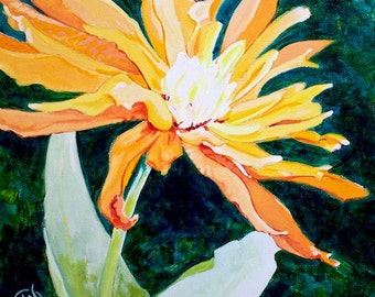 A Burst of Orange Flower Original Botanical Painting Acrylic on Canvas 10"x10"