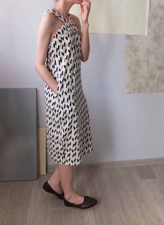 monochrome confetti print strap halterneck dress
