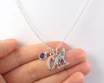 Wolf Necklace- choose a birthstone and initial, Wolf Jewelry, Wolf Gift, Personalized Wolf Necklace, Birthstone Wolf, Silver Wolf Necklace